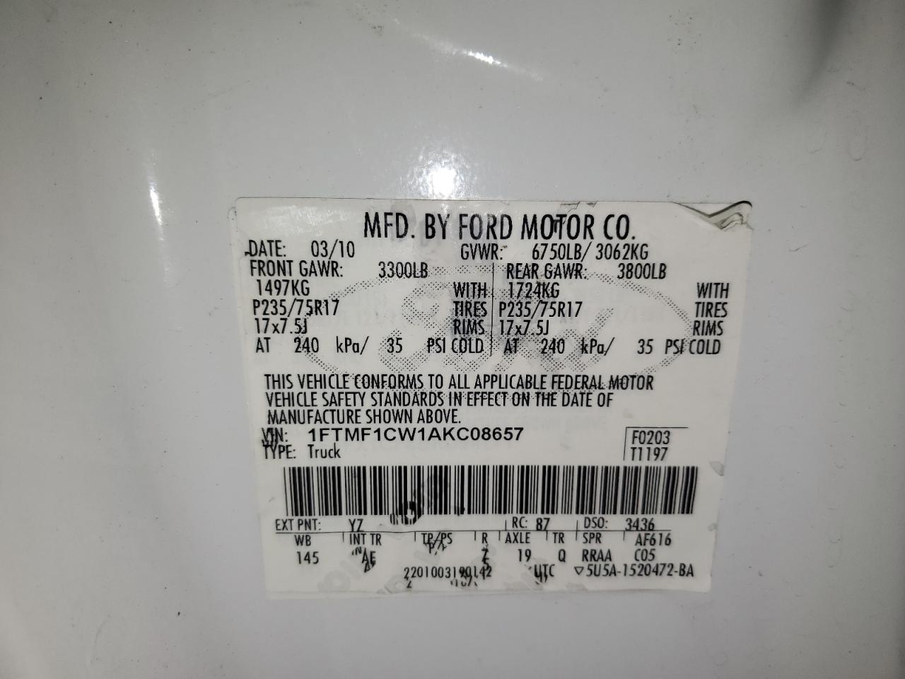 2010 Ford F-150 VIN 1FTMF1CW1AKC08657 Copart auction photo, burn - engine / burn damage thumbnail 12