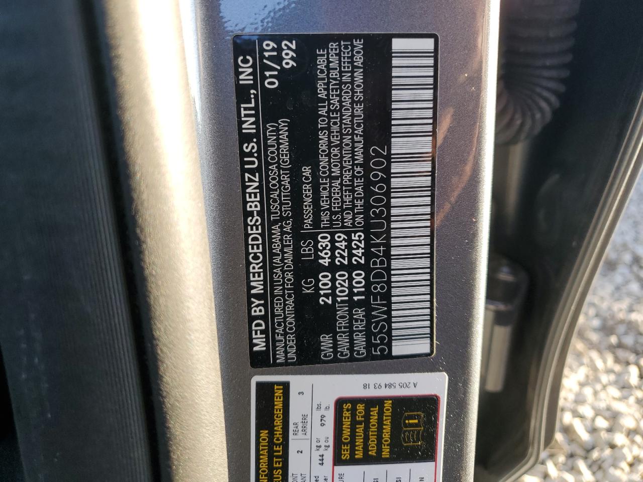 2019 Mercedes-Benz C-klasse VIN 55SWF8DB4KU306902 Copart auction photo, front end / rear end damage thumbnail 13
