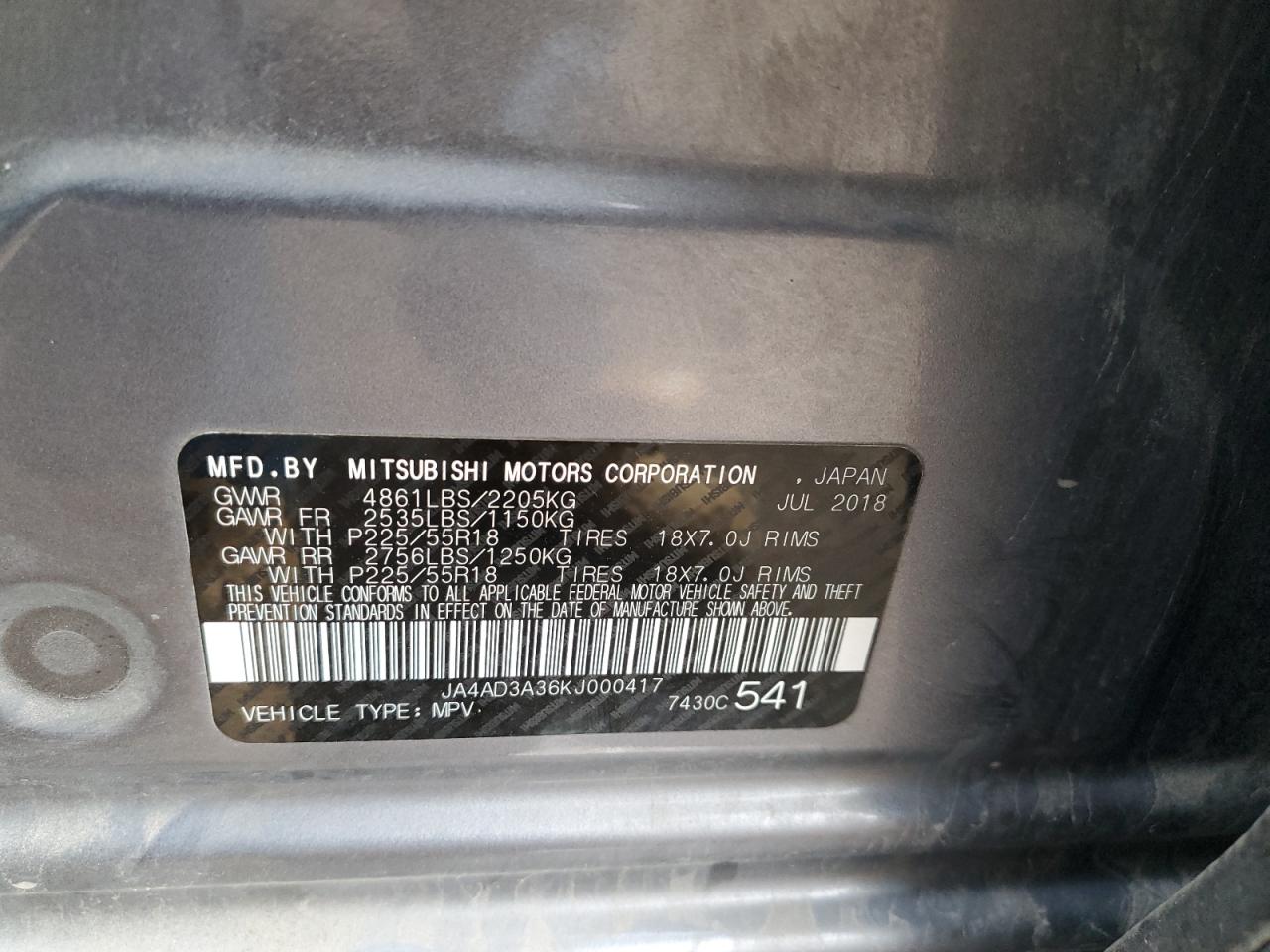 2019 Mitsubishi Outlander VIN JA4AD3A36KJ000417 Copart auction photo, side / rear end damage thumbnail 13