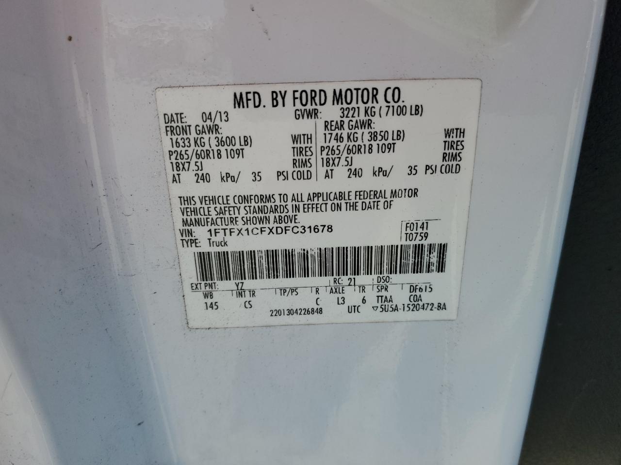 2013 Ford F-150 VIN 1FTFX1CFXDFC31678 Copart auction photo, rear end damage thumbnail 13