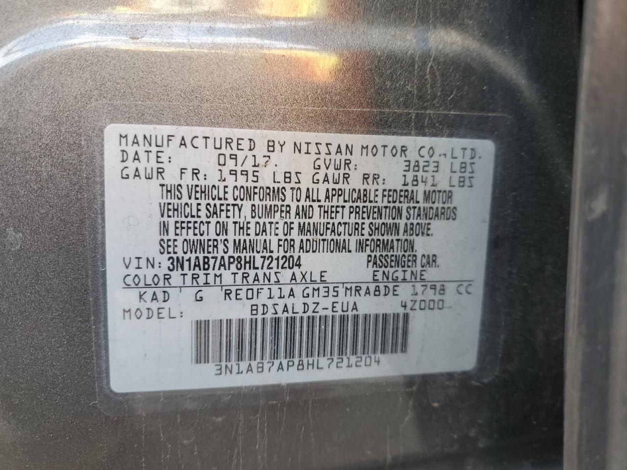 2017 Nissan Sentra VIN 3N1AB7AP8HL721204 Copart auction photo, front end / rear end damage thumbnail 13