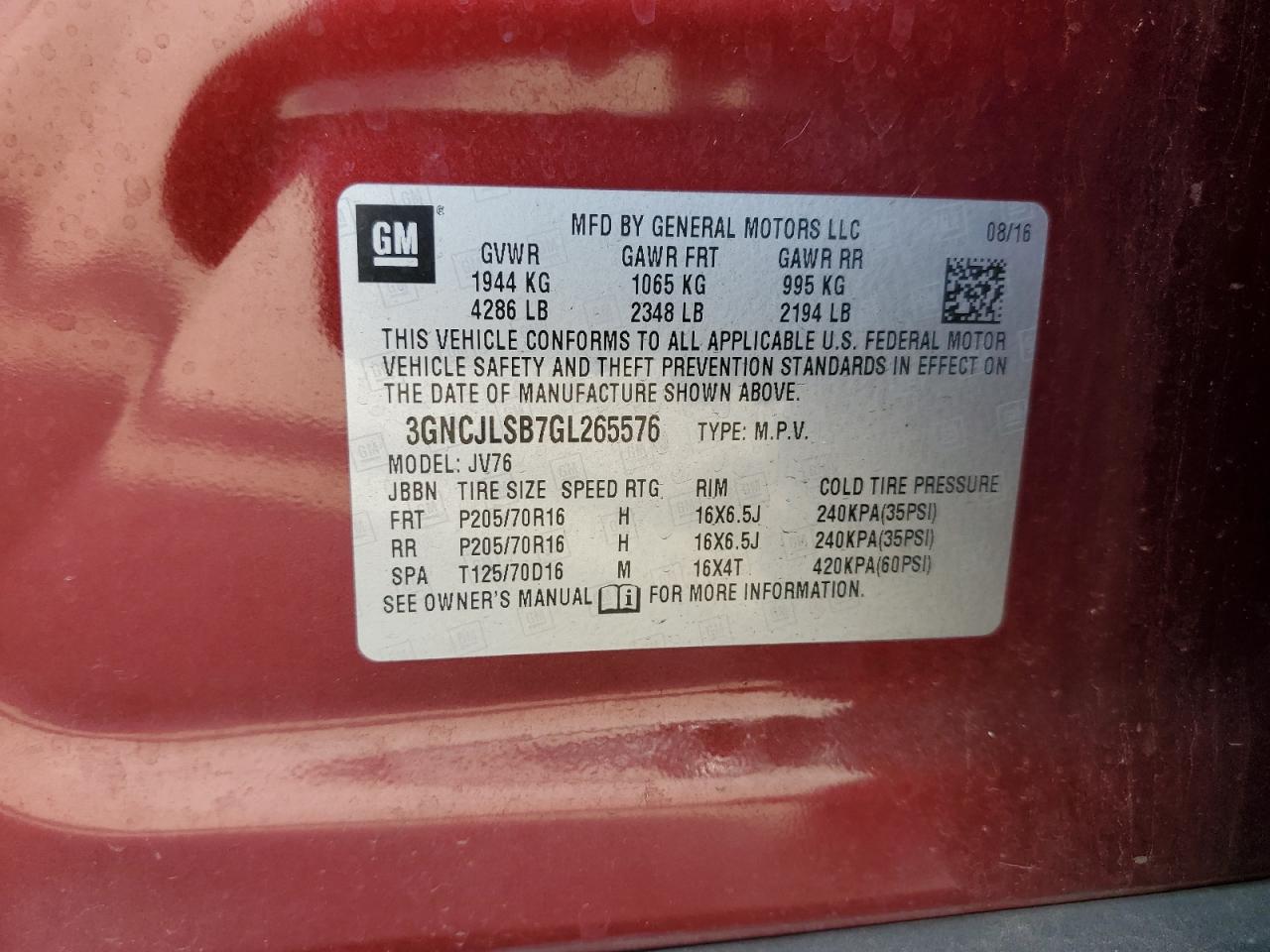 2016 Chevrolet Trax VIN 3GNCJLSB7GL265576 Copart auction photo, side / front end damage thumbnail 12