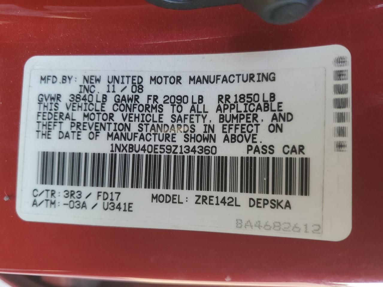 2009 Toyota Corolla VIN 1NXBU40E59Z134360 Copart auction photo, mechanical damage thumbnail 12