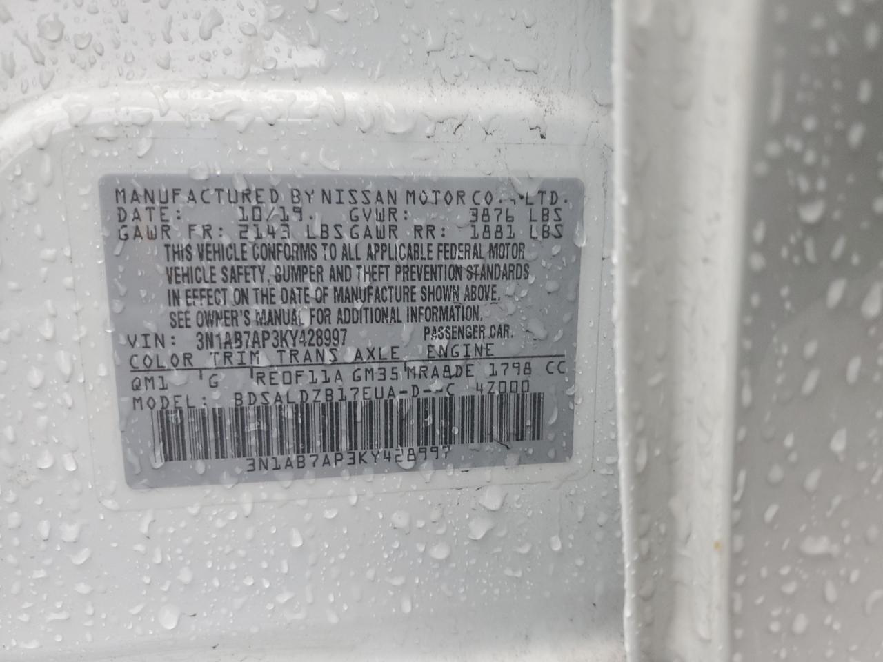 2019 Nissan Sentra VIN 3N1AB7AP3KY428997 Copart auction photo, front end / side damage thumbnail 13