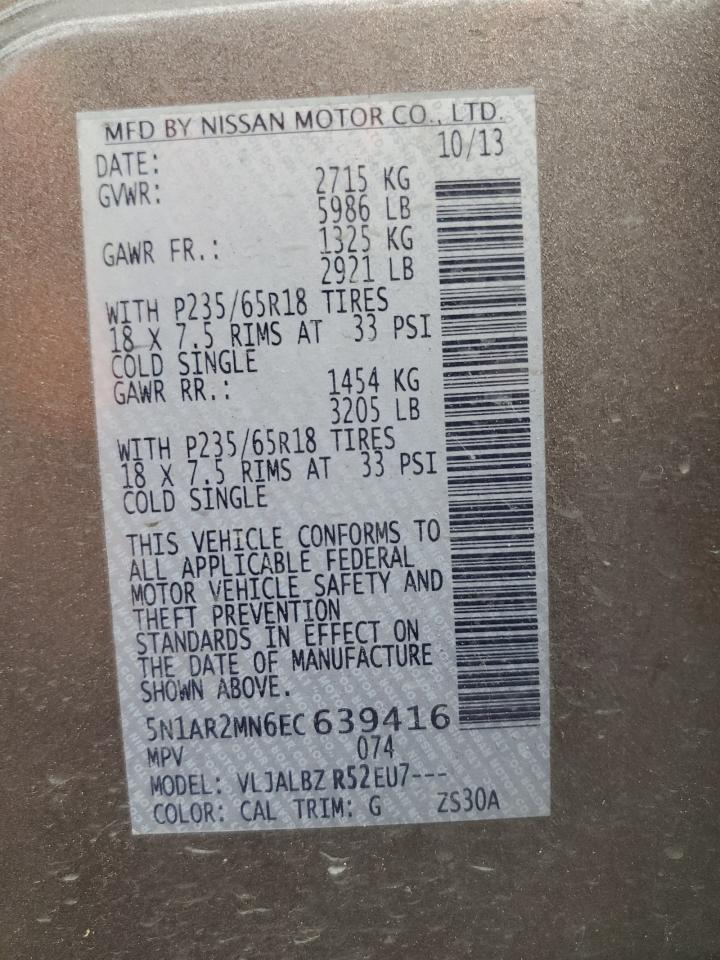 2014 Nissan Pathfinder VIN 5N1AR2MN6EC639416 Copart auction photo, rear end / front end damage thumbnail 12