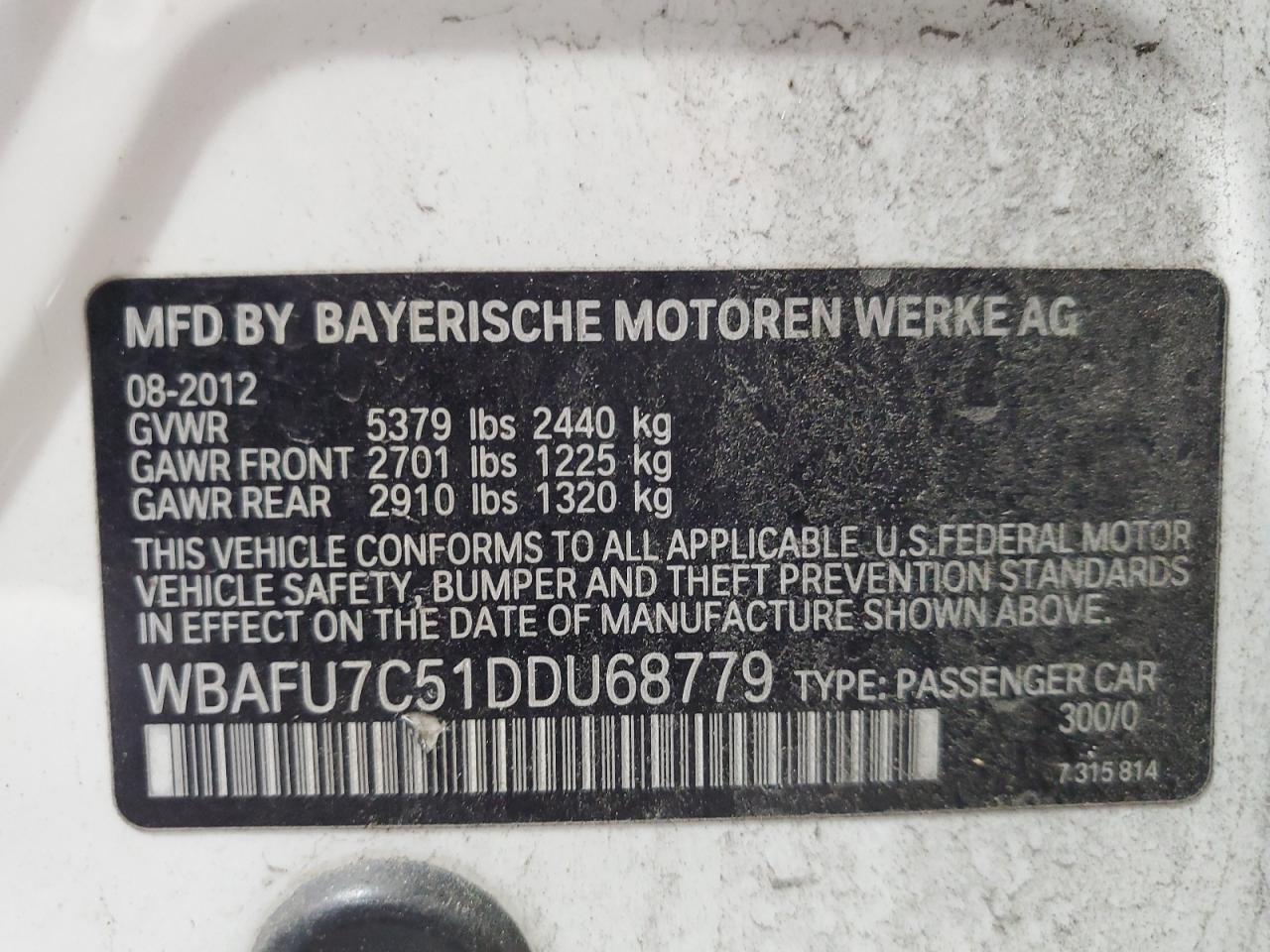 2013 BMW 5er VIN WBAFU7C51DDU68779 Copart auction photo, front end / side damage thumbnail 14