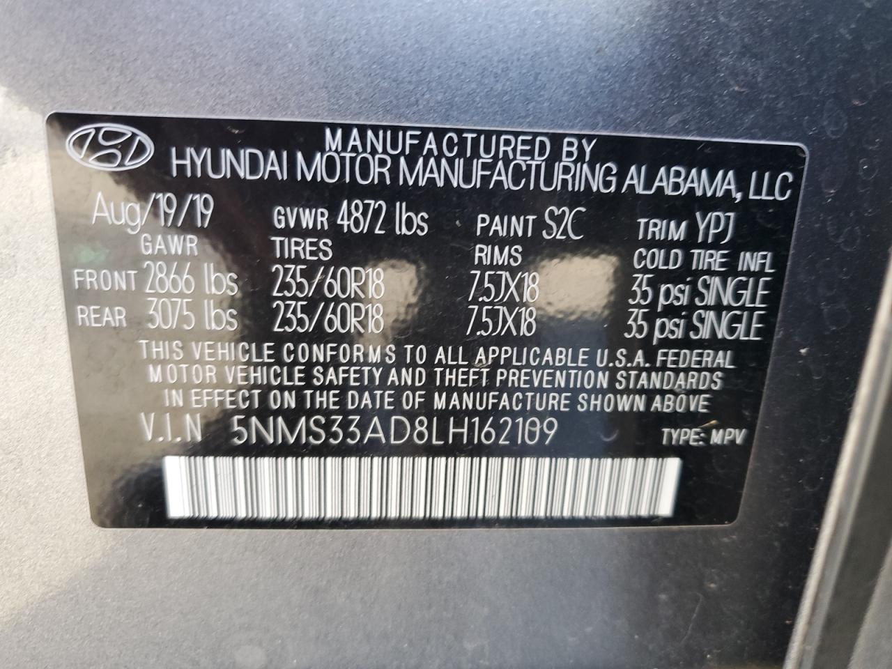 2020 Hyundai Santa Fe VIN 5NMS33AD8LH162109 Copart auction photo, side damage thumbnail 13