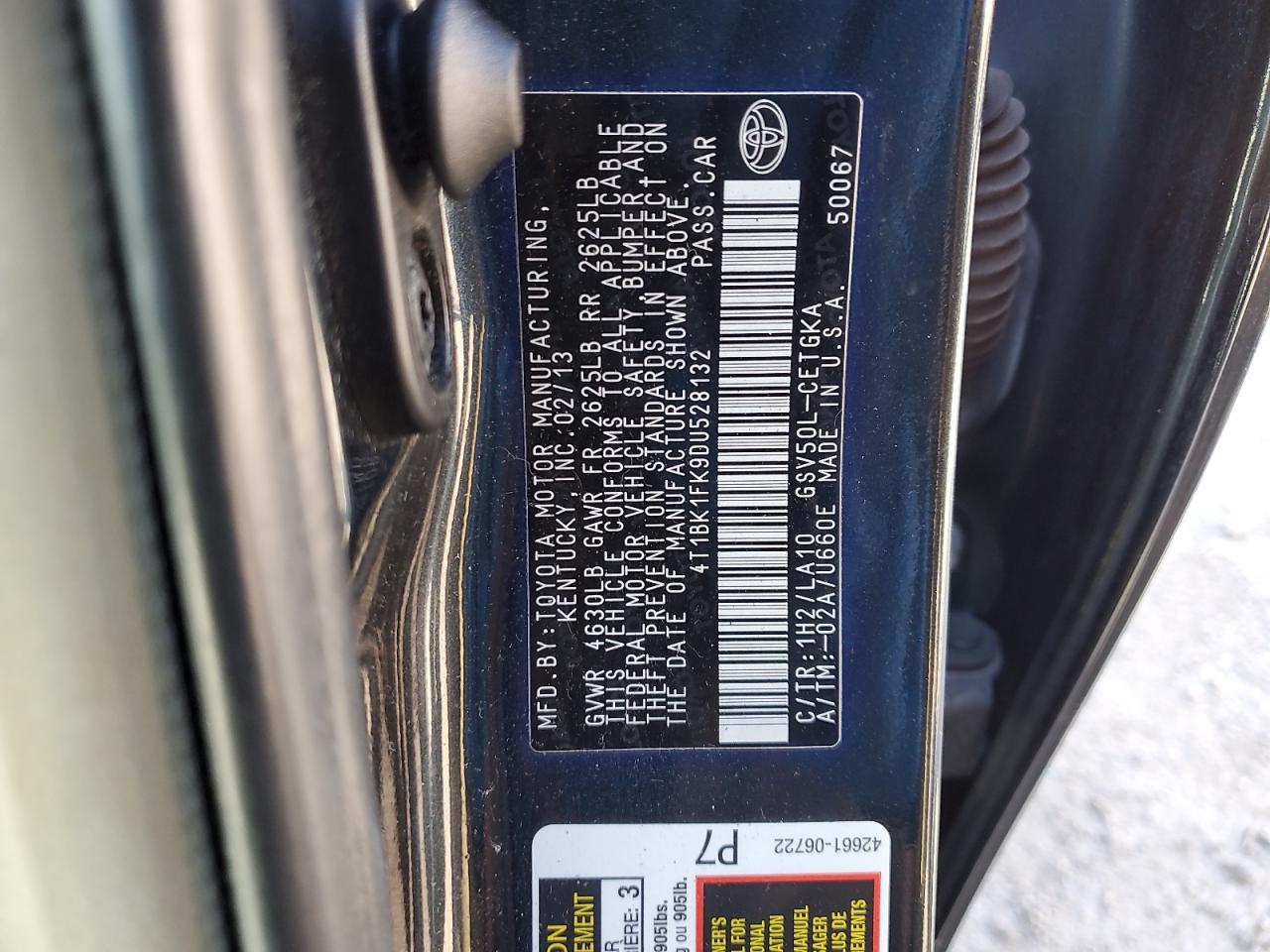 2013 Toyota Camry VIN 4T1BK1FK9DU528132 Copart auction photo, front end / rear end damage thumbnail 12