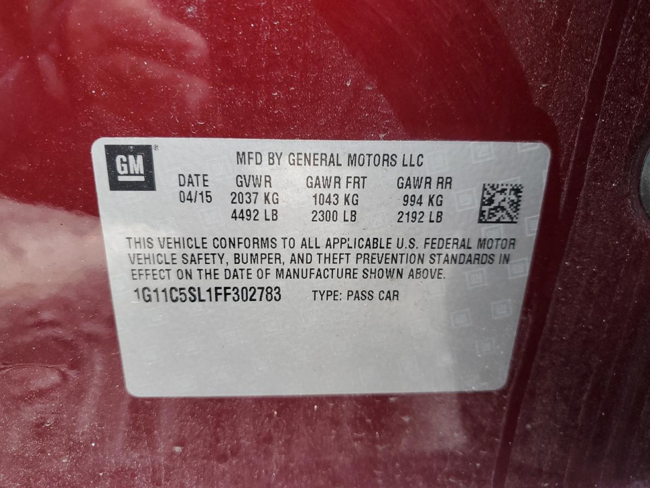 2015 Chevrolet Malibu VIN 1G11C5SL1FF302783 Copart auction photo, front end damage thumbnail 14