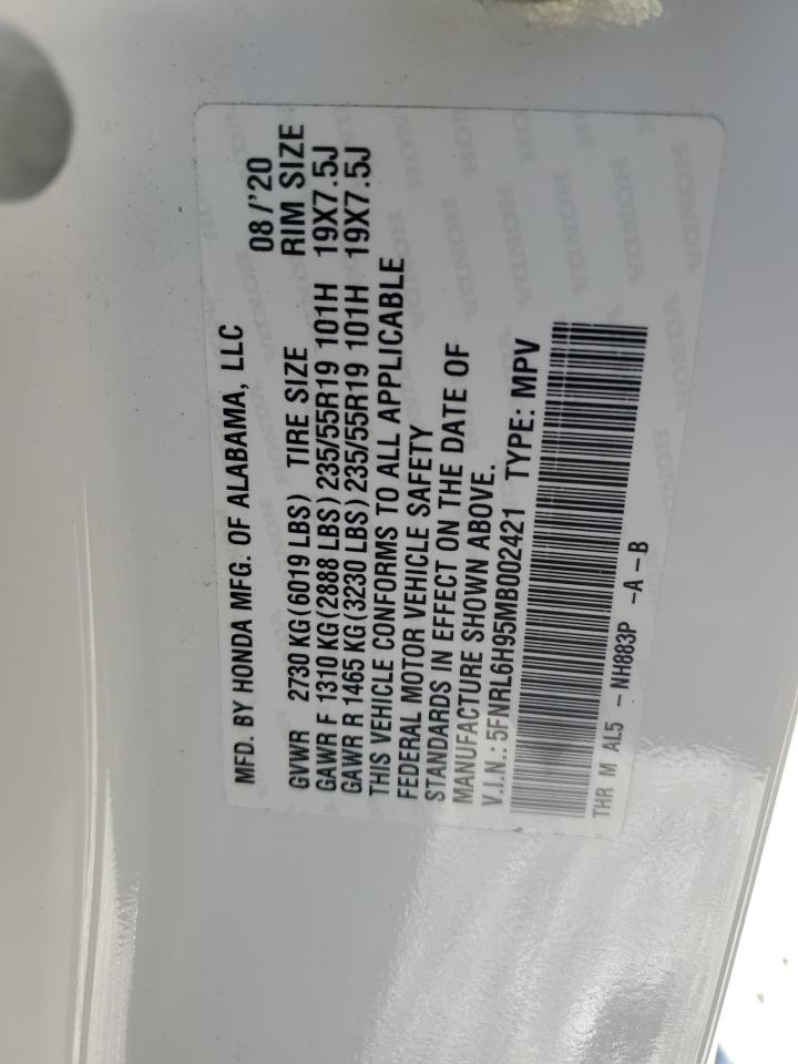 2021 Honda Odyssey VIN 5FNRL6H95MB002421 Copart auction photo, front end / side damage thumbnail 16