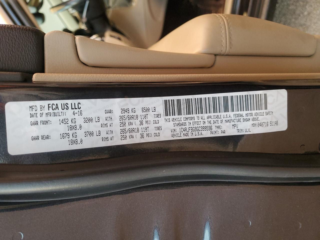 2016 Jeep Grand Cherokee VIN 1C4RJFBG9GC399596 Copart auction photo, front end / side damage thumbnail 15