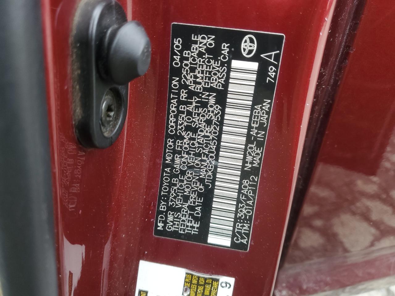 2005 Toyota Prius VIN JTDKB20U457027539 Copart auction photo, front end / all over damage thumbnail 14
