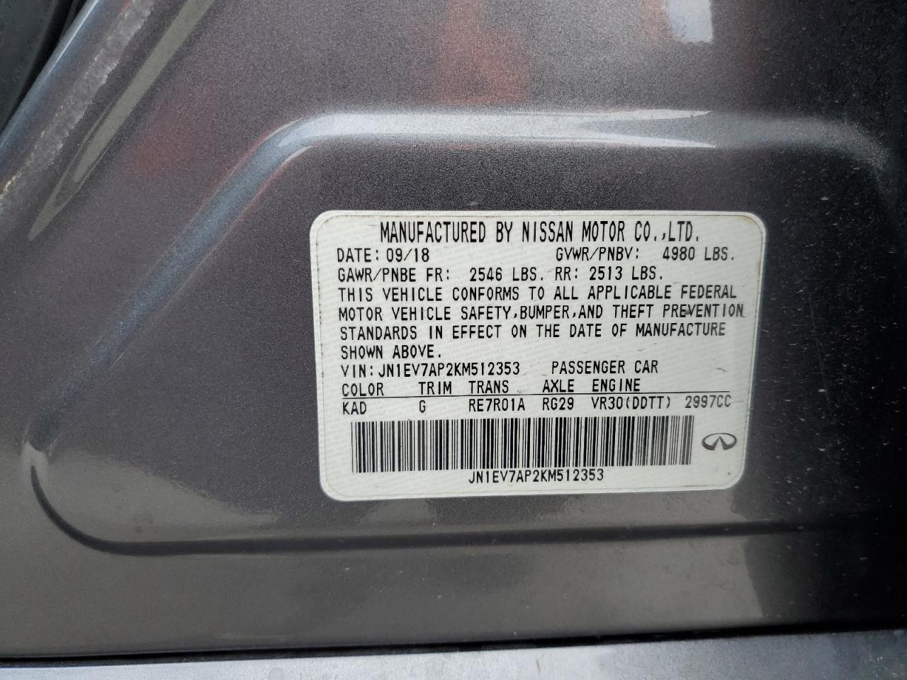 2019 Infiniti Q50 VIN JN1EV7AP2KM512353 Copart auction photo, front end / rear end damage thumbnail 12