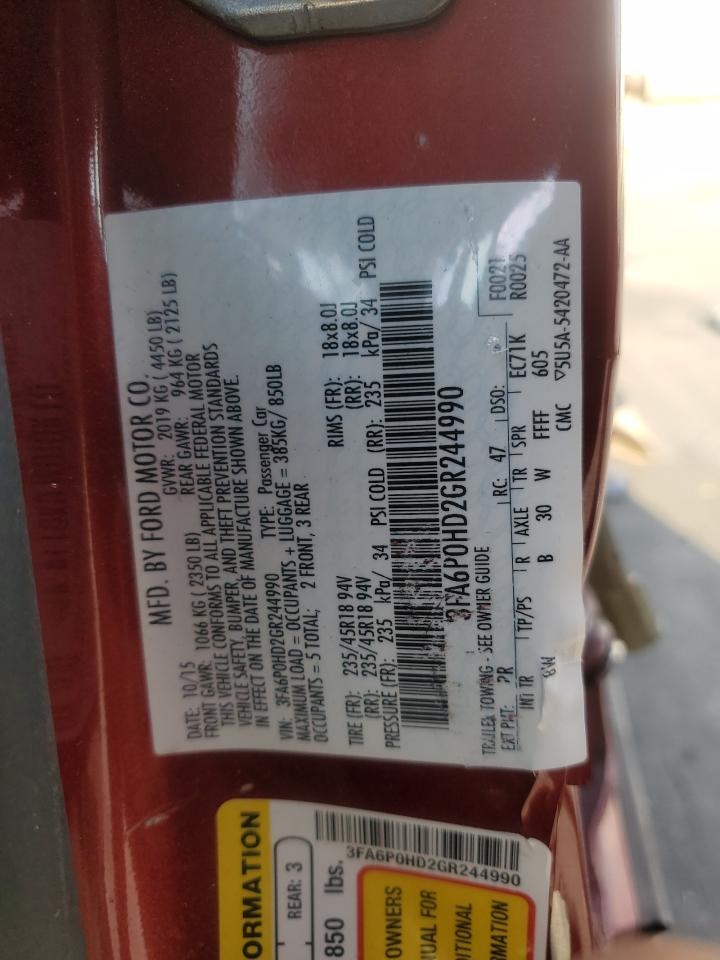 2016 Ford Fusion VIN 3FA6P0HD2GR244990 Copart auction photo, side / rear end damage thumbnail 15