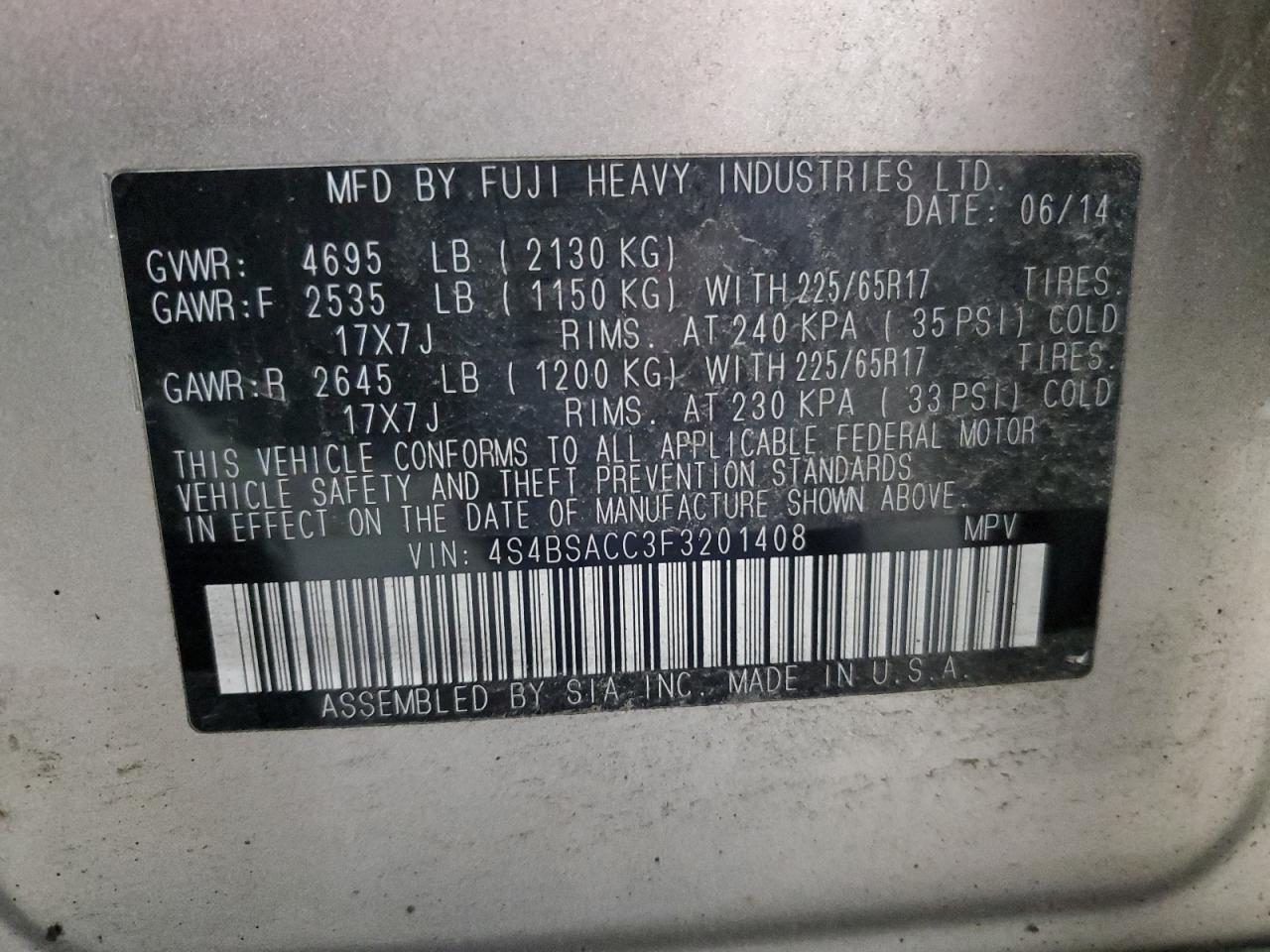 2015 Subaru Outback VIN 4S4BSACC3F3201408 Copart auction photo, front end damage thumbnail 13