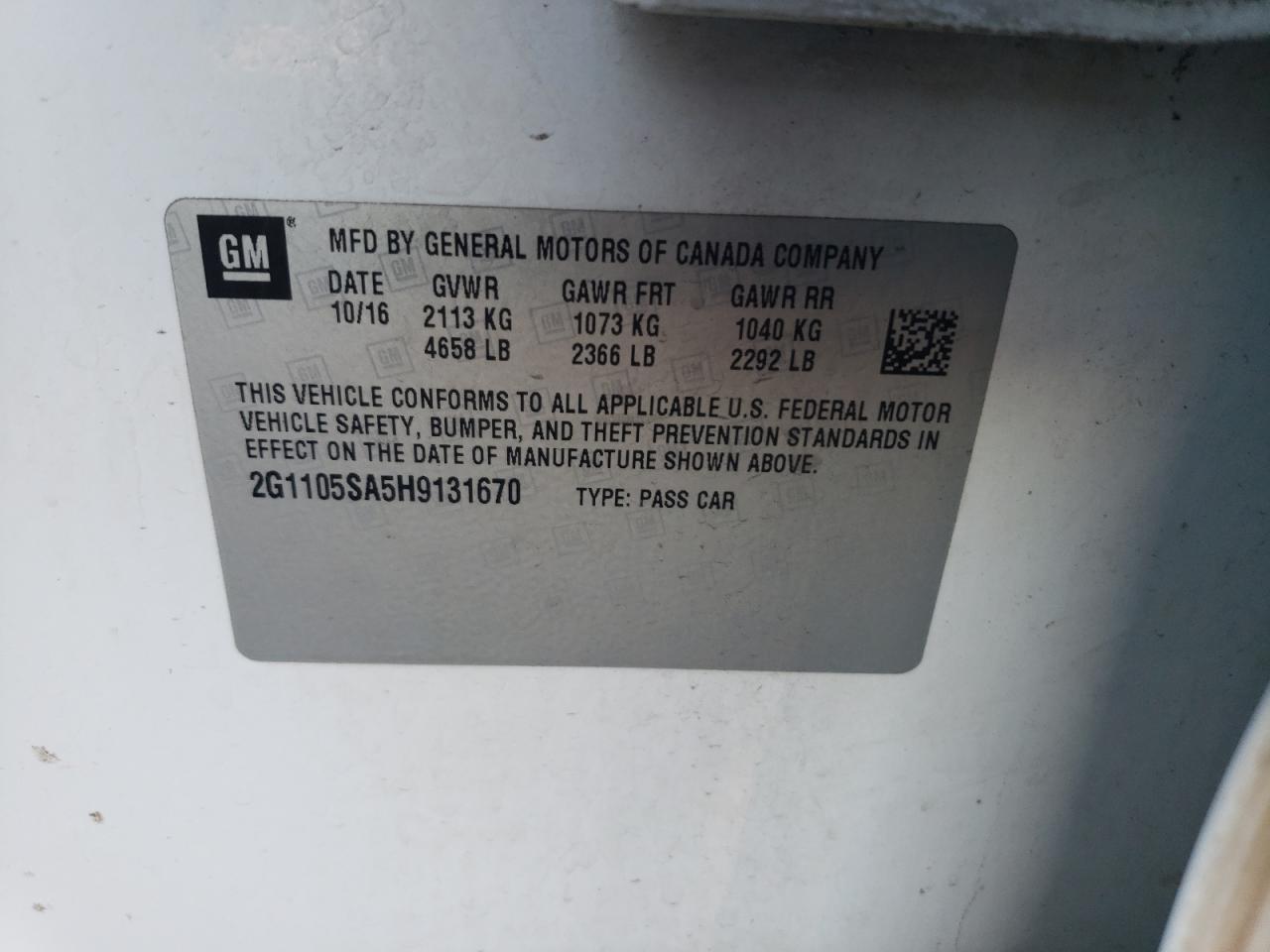 2017 Chevrolet Impala VIN 2G1105SA5H9131670 Copart auction photo, rear end / front end damage thumbnail 13