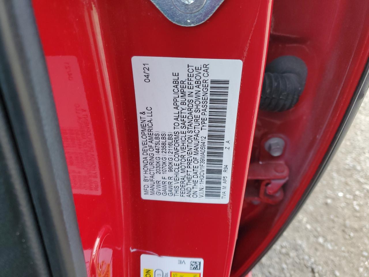 2021 Honda Accord VIN 1HGCV1F39MA059412 Copart auction photo, front end / minor dent/scratches damage thumbnail 12