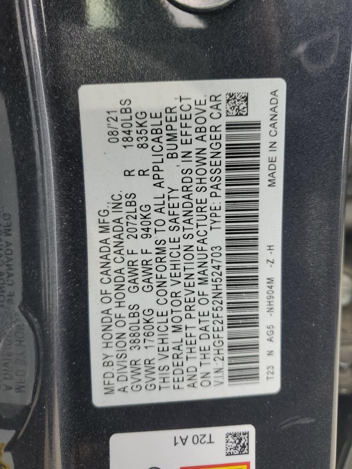 2022 Honda Civic VIN 2HGFE2F52NH524703 Copart auction photo, rear end damage thumbnail 13