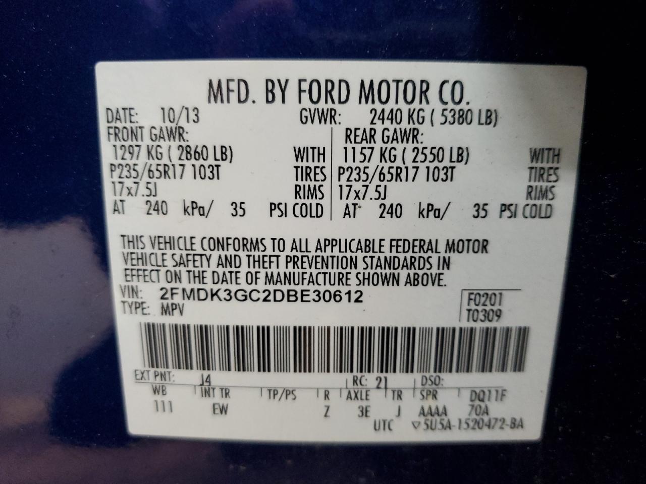 2013 Ford Edge VIN 2FMDK3GC2DBE30612 Copart auction photo, mechanical / minor dent/scratches damage thumbnail 13
