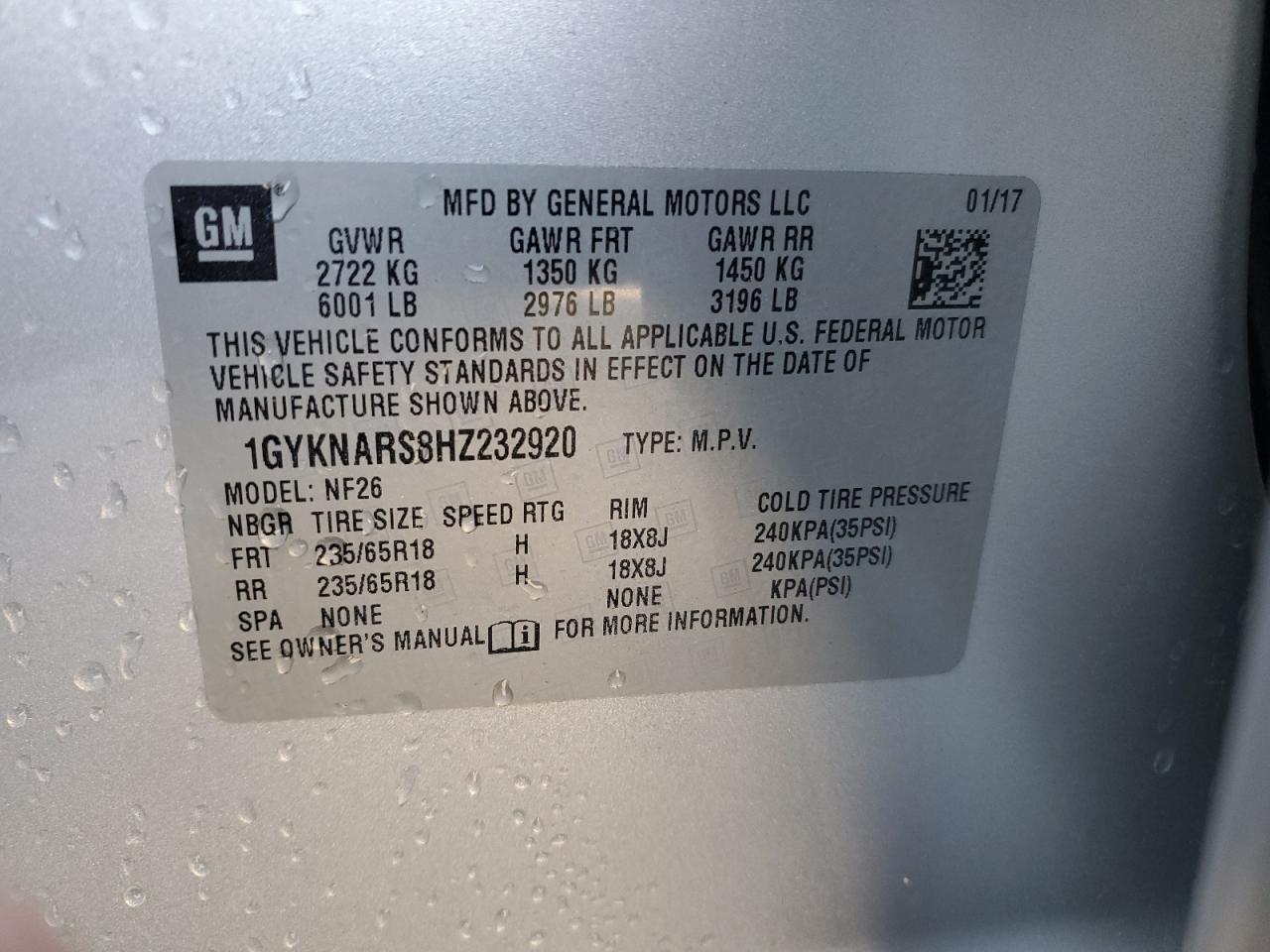2017 Cadillac XT5 VIN 1GYKNARS8HZ232920 Copart auction photo, front end damage thumbnail 13