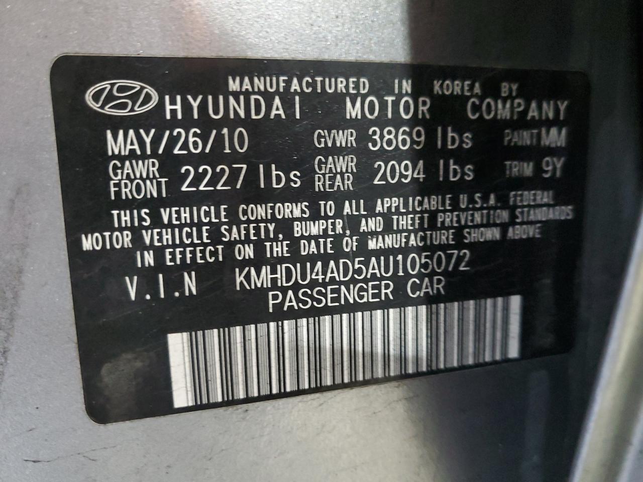 2010 Hyundai Elantra VIN KMHDU4AD5AU105072 Copart auction photo, front end damage thumbnail 14