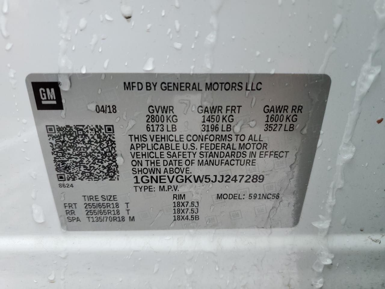 2018 Chevrolet Traverse VIN 1GNEVGKW5JJ247289 Copart auction photo, front end damage thumbnail 13