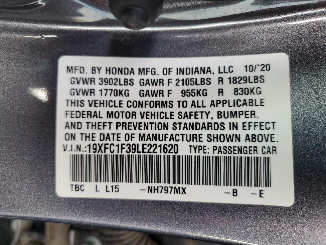 2020 Honda Civic VIN 19XFC1F39LE221620 Copart auction photo, side damage thumbnail 14