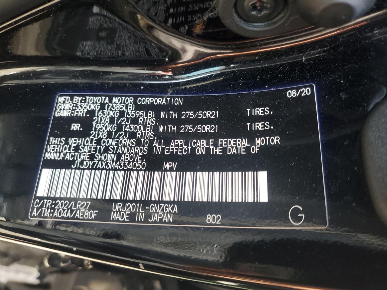 2021 Lexus LX VIN JTJDY7AX3M4334050 Copart auction photo, rear end / stripped damage thumbnail 14