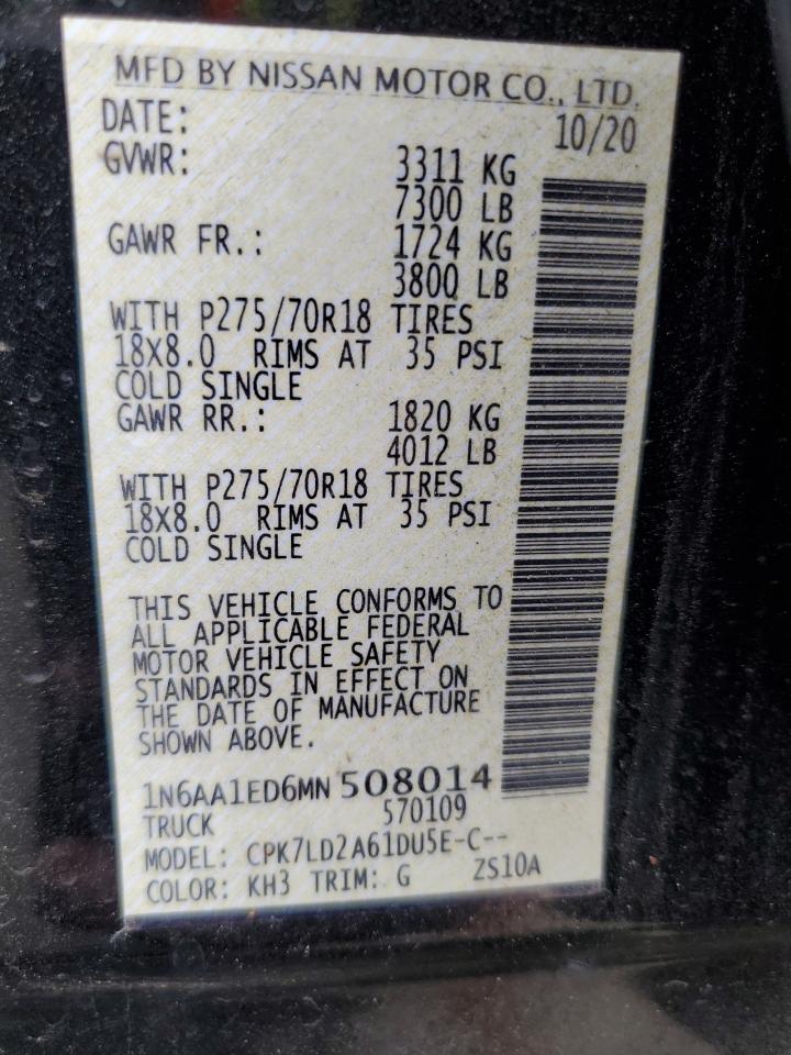 2021 Nissan Titan VIN 1N6AA1ED6MN508014 Copart auction photo, front end / rear end damage thumbnail 14