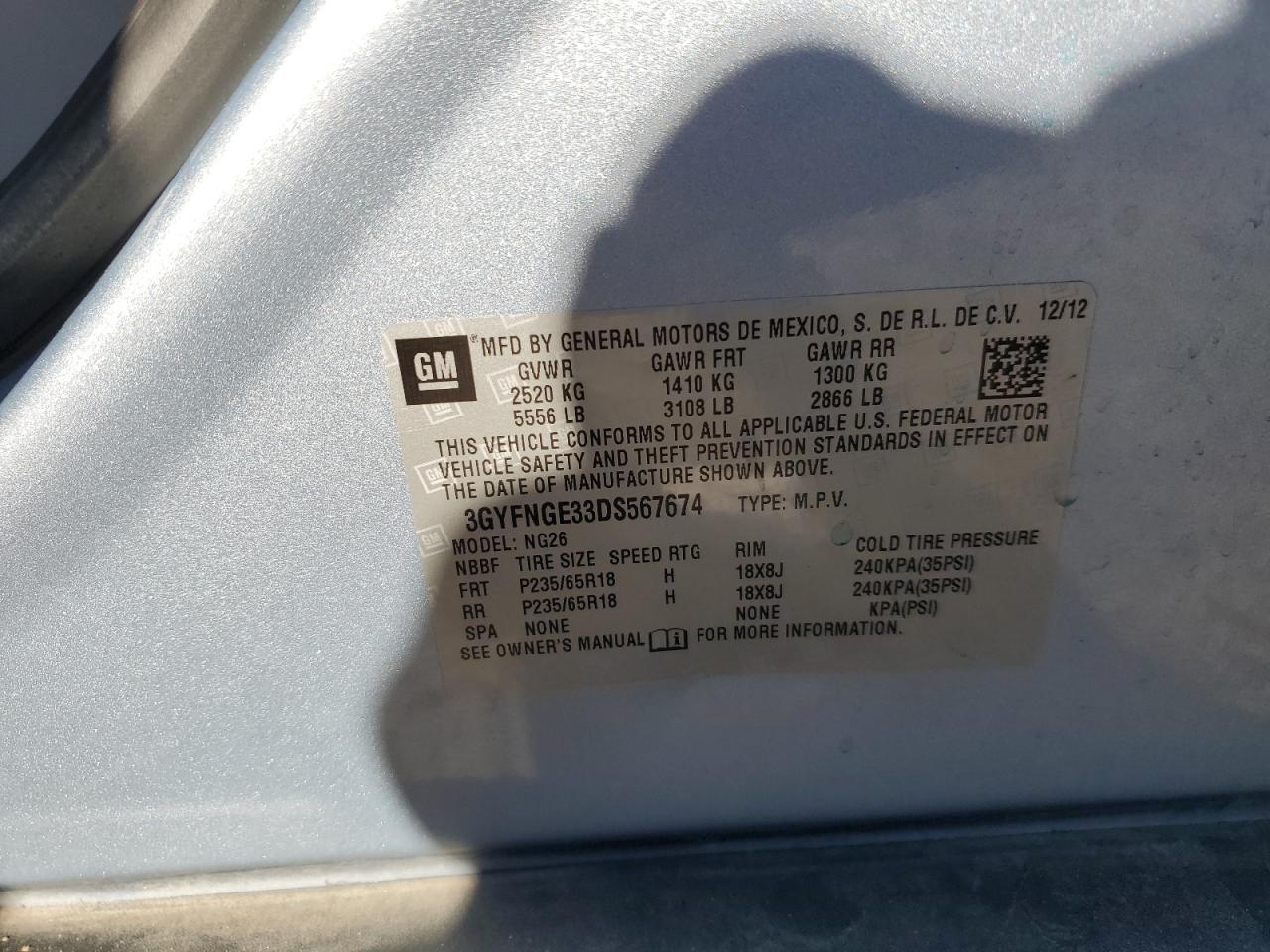 2013 Cadillac SRX VIN 3GYFNGE33DS567674 Copart auction photo, front end / side damage thumbnail 13