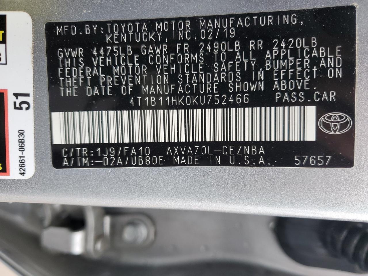 2019 Toyota Camry VIN 4T1B11HK0KU752466 Copart auction photo, front end / rear end damage thumbnail 12