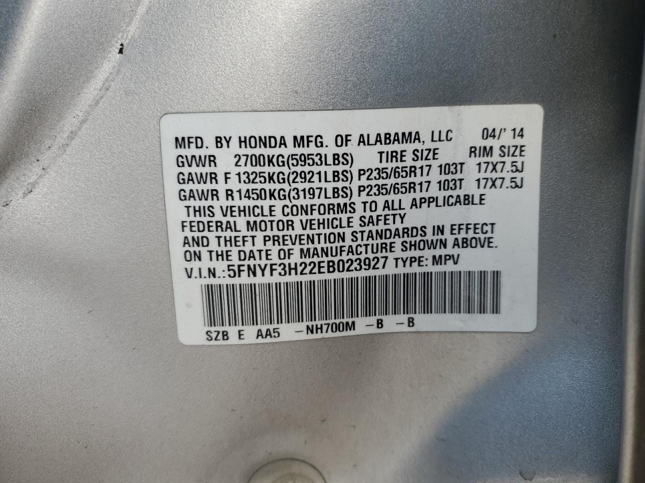 2014 Honda Pilot VIN 5FNYF3H22EB023927 Copart auction photo, side / front end damage thumbnail 13