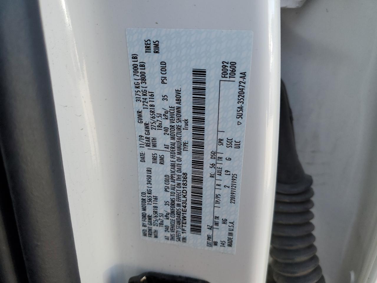 2020 Ford F-150 VIN 1FTEW1E43LKD18368 Copart auction photo, front end damage thumbnail 13