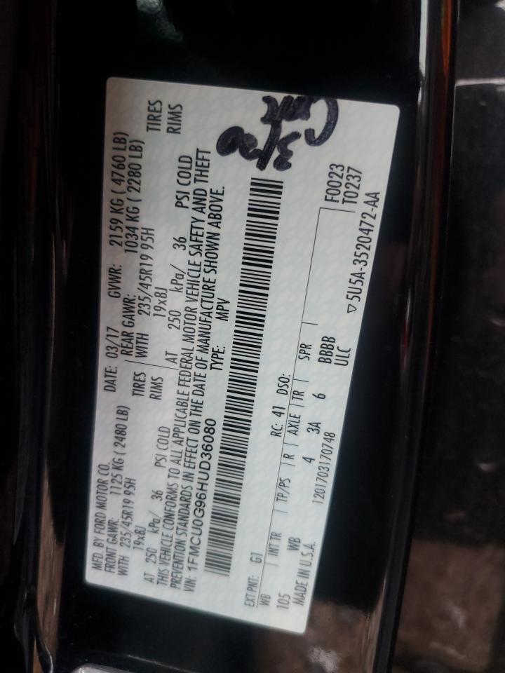 2017 Ford Escape VIN 1FMCU0G96HUD36080 Copart auction photo, front end / minor dent/scratches damage thumbnail 15
