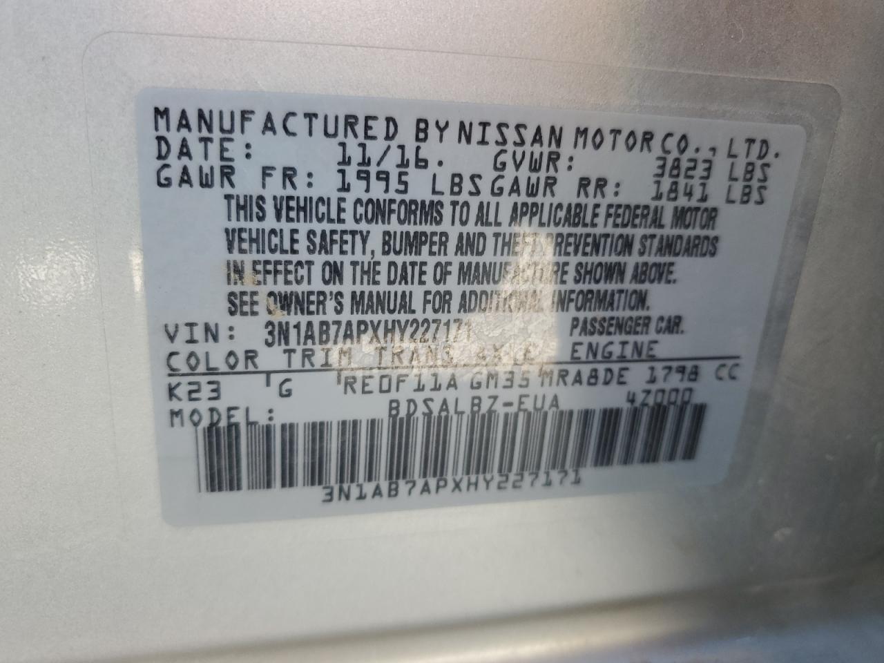 2017 Nissan Sentra VIN 3N1AB7APXHY227171 Copart auction photo, side / rear end damage thumbnail 12