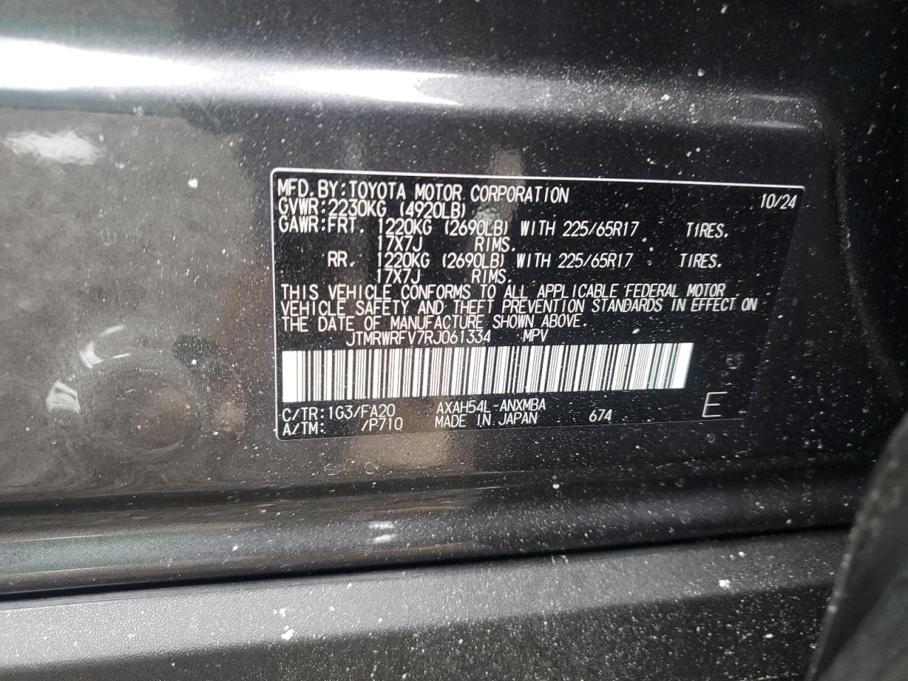 2024 Toyota RAV 4 VIN JTMRWRFV7RJ061334 Copart auction photo, front end / side damage thumbnail 13