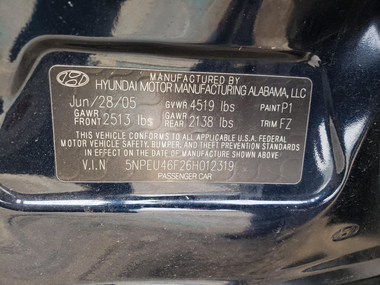 2006 Hyundai Sonata VIN 5NPEU46F26H012319 Copart auction photo, all over / undercarriage damage thumbnail 14