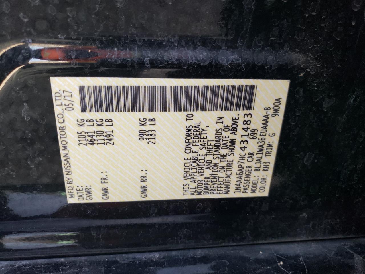 2017 Nissan Maxima VIN 1N4AA6AP7HC431483 Copart auction photo, front end / top/roof damage thumbnail 13