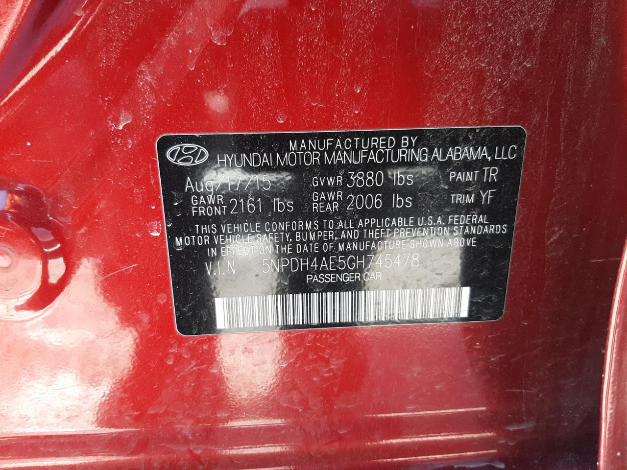 2016 Hyundai Elantra VIN 5NPDH4AE5GH745478 Copart auction photo, side / rear end damage thumbnail 12