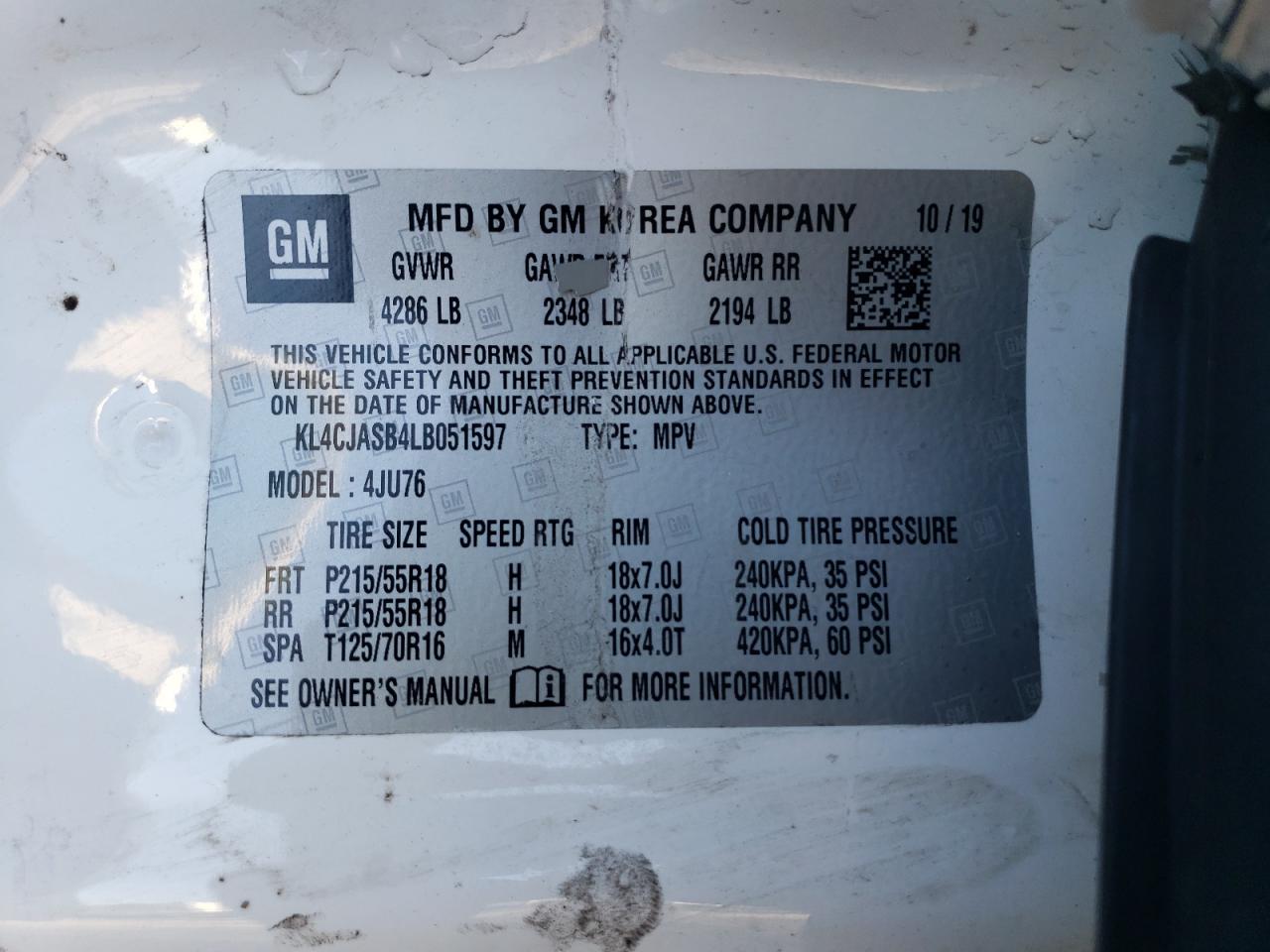 2020 Buick Encore VIN KL4CJASB4LB051597 Copart auction photo, side damage thumbnail 13