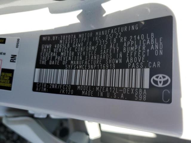 2022 Toyota Corolla VIN 5YFS4MCE9NP116919 Copart auction photo, all over damage thumbnail 12