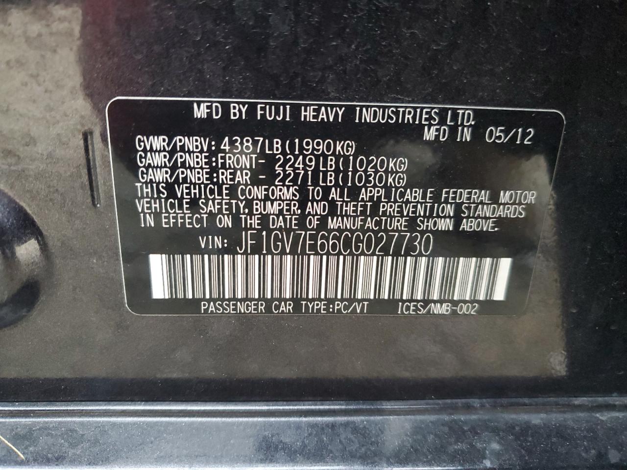 2012 Subaru WRX VIN JF1GV7E66CG027730 Copart auction photo, frame damage damage thumbnail 12