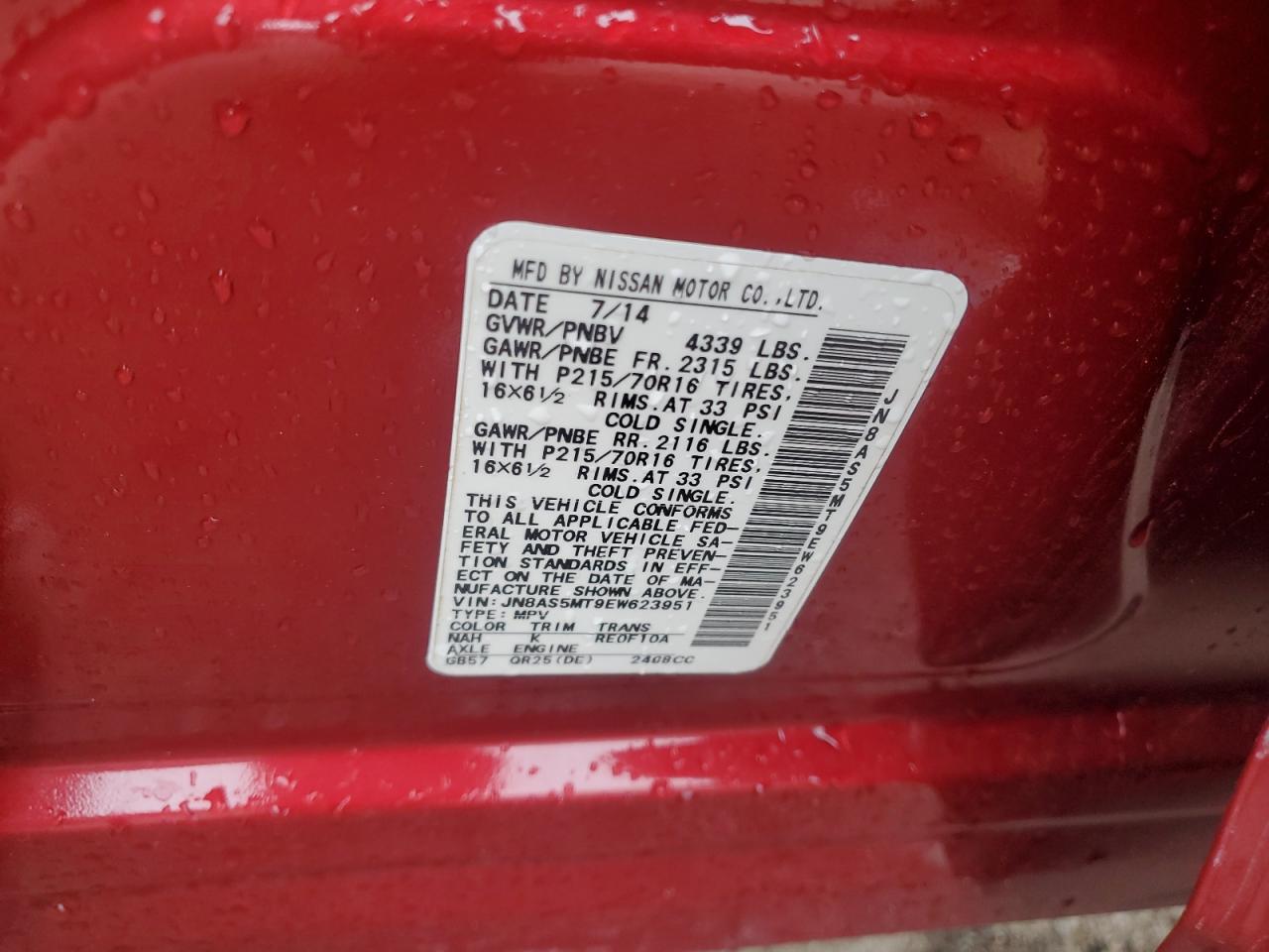 2014 Nissan Rogue VIN JN8AS5MT9EW623951 Copart auction photo, rollover damage thumbnail 16