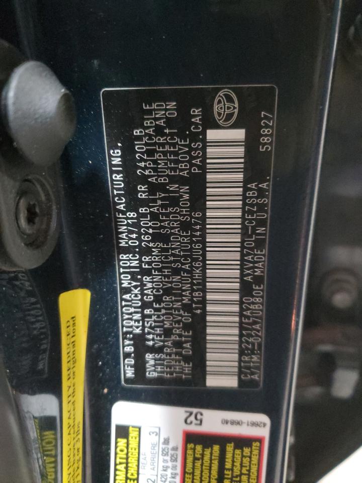 2018 Toyota Camry VIN 4T1B11HK6JU614476 Copart auction photo, rear end damage thumbnail 12