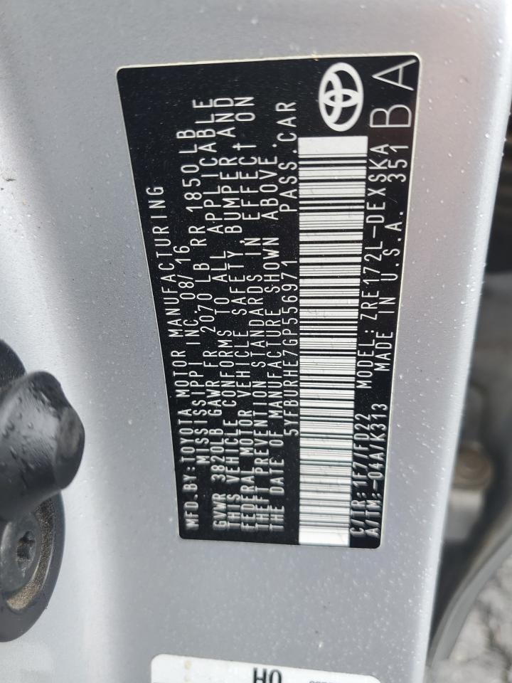 2016 Toyota Corolla VIN 5YFBURHE7GP556971 Copart auction photo, front end damage thumbnail 12