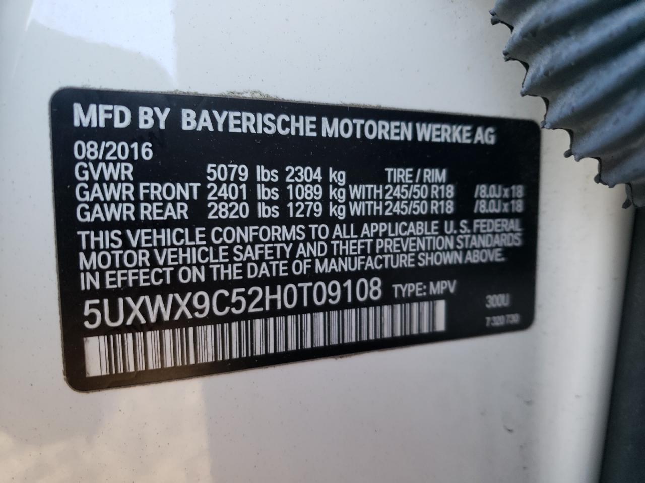2017 BMW X3 VIN 5UXWX9C52H0T09108 Copart auction photo, front end damage thumbnail 16
