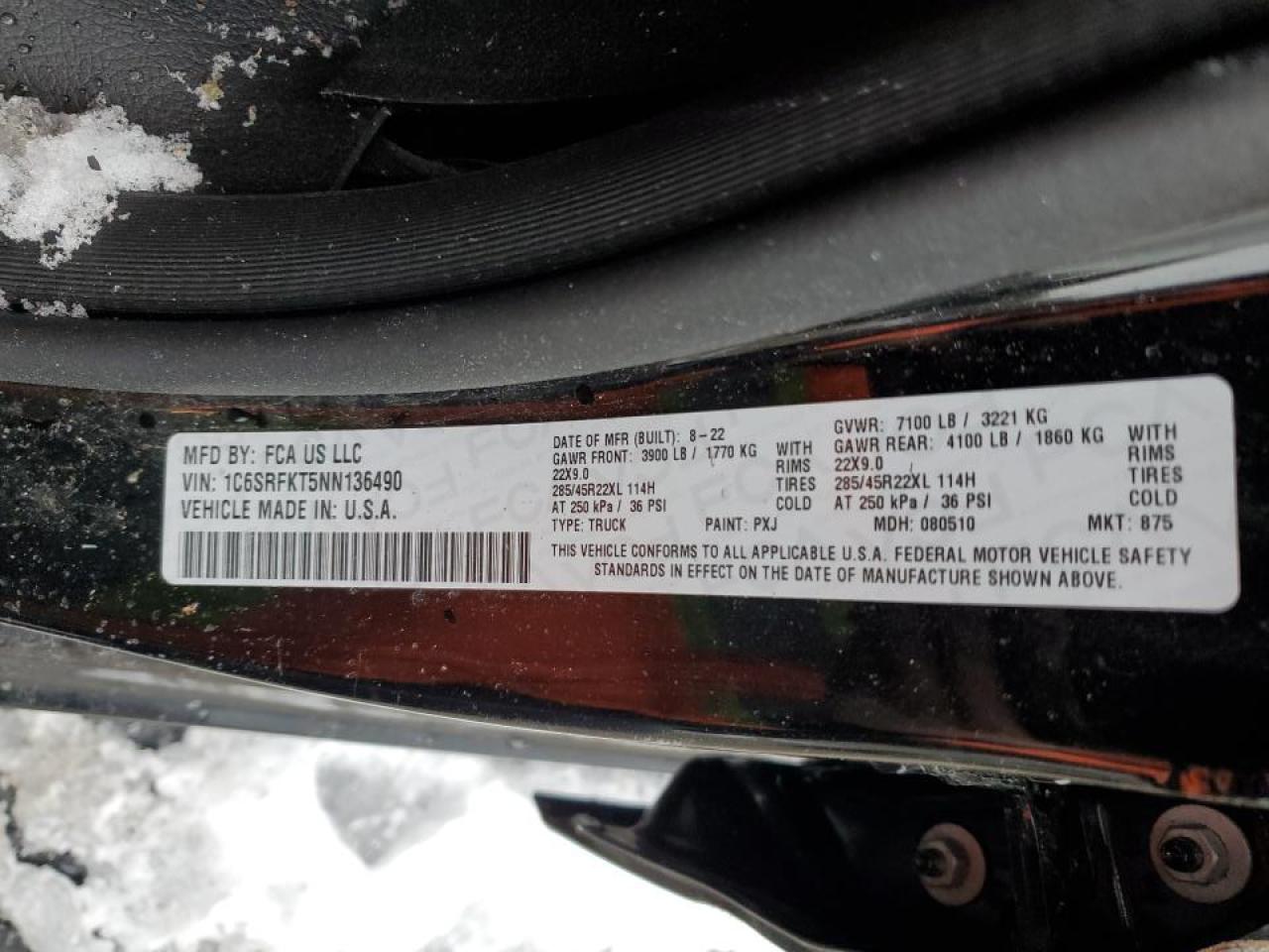 2022 RAM 1500 VIN 1C6SRFKT5NN136490 Copart auction photo, side / rear end damage thumbnail 12
