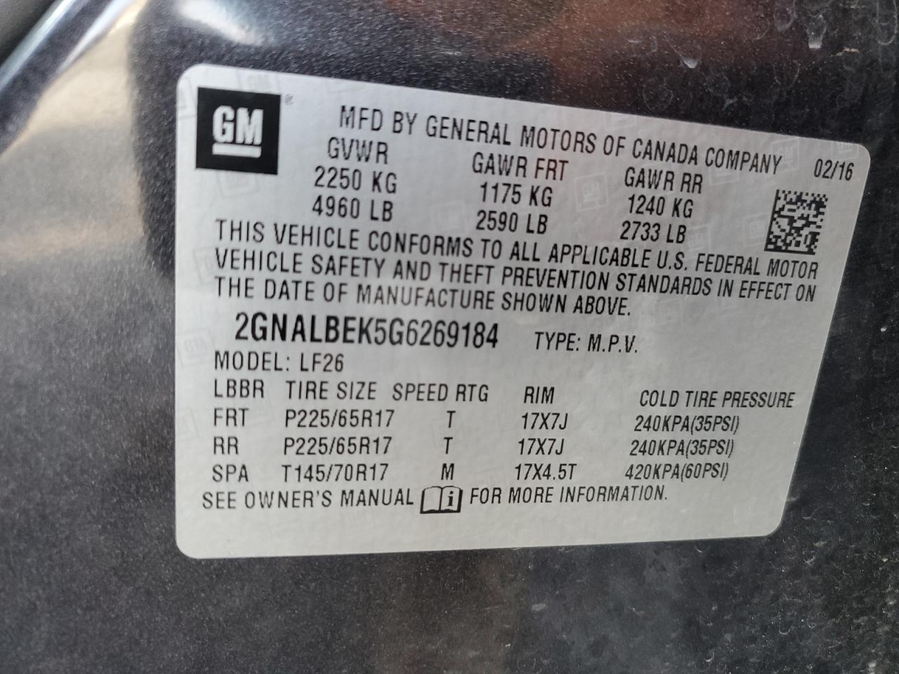 2016 Chevrolet Equinox VIN 2GNALBEK5G6269184 Copart auction photo, front end / side damage thumbnail 15