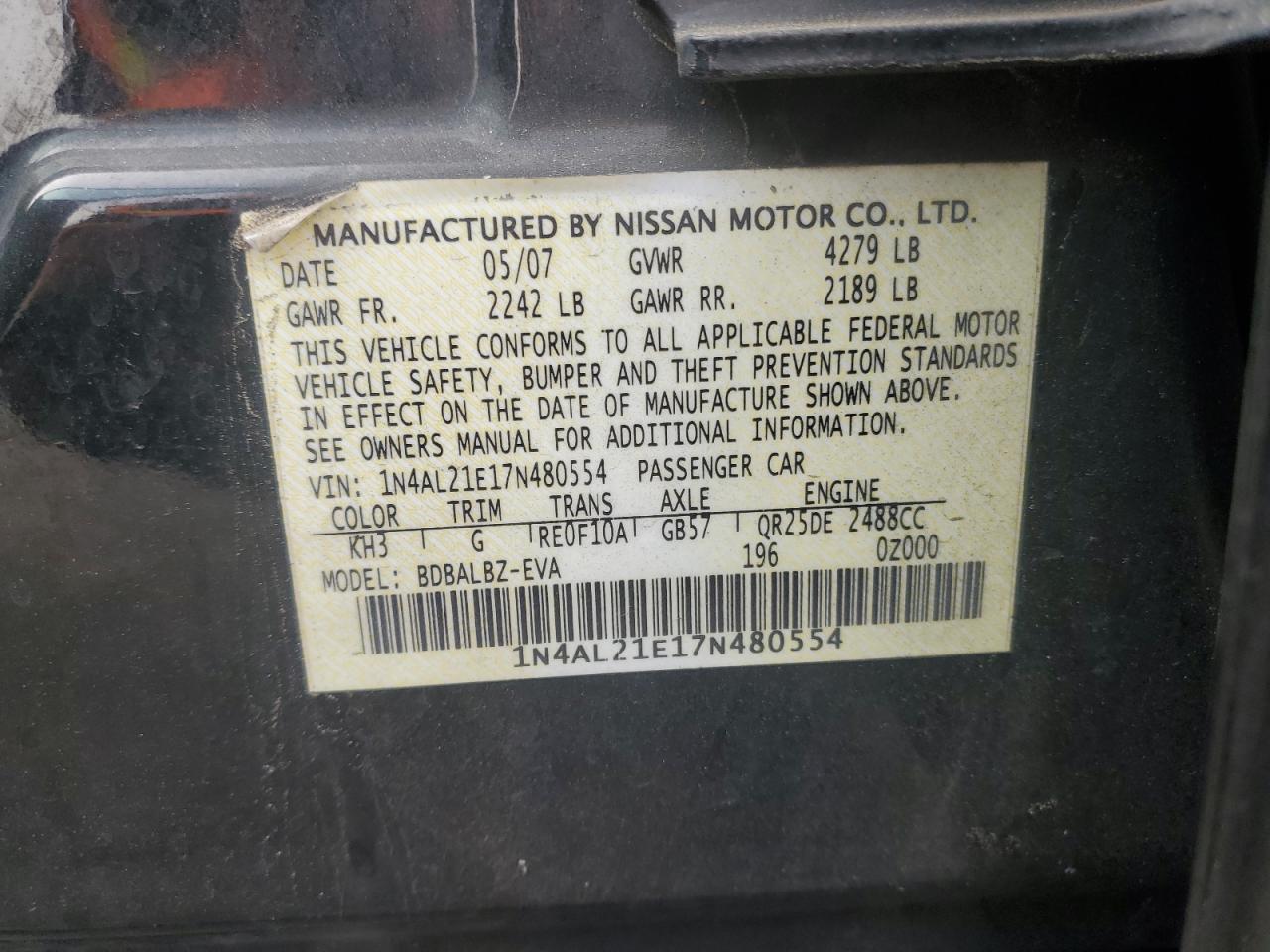 2007 Nissan Altima VIN 1N4AL21E17N480554 Copart auction photo, front end damage thumbnail 14