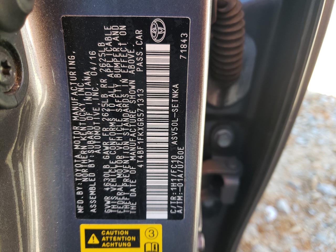 2016 Toyota Camry VIN 4T4BF1FKXGR571313 Copart auction photo, rear end damage thumbnail 14